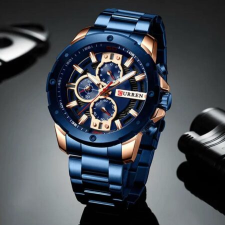 Reloj curren correa y fondo azul con bordes dorados